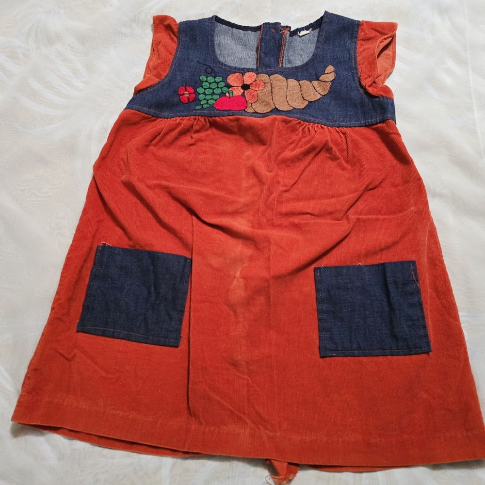 Vintage 70s Sleeveless Corduroy Tunic Top Blouse Denim Orange
